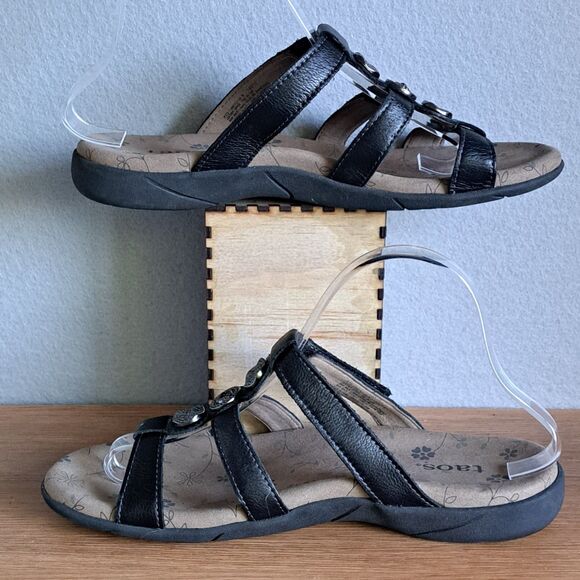 Taos Prize Slip On Black Leather Sandals 3 Strap Embellished Womens Size 9 EU 40 - Picture 11 of 12